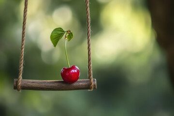 A cherry perched on a swing made of licorice, swaying in the breeze
