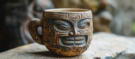 Fototapeta premium Ceramic mug with ancient tribal face design on a stone surface with blurred background and Copy Space