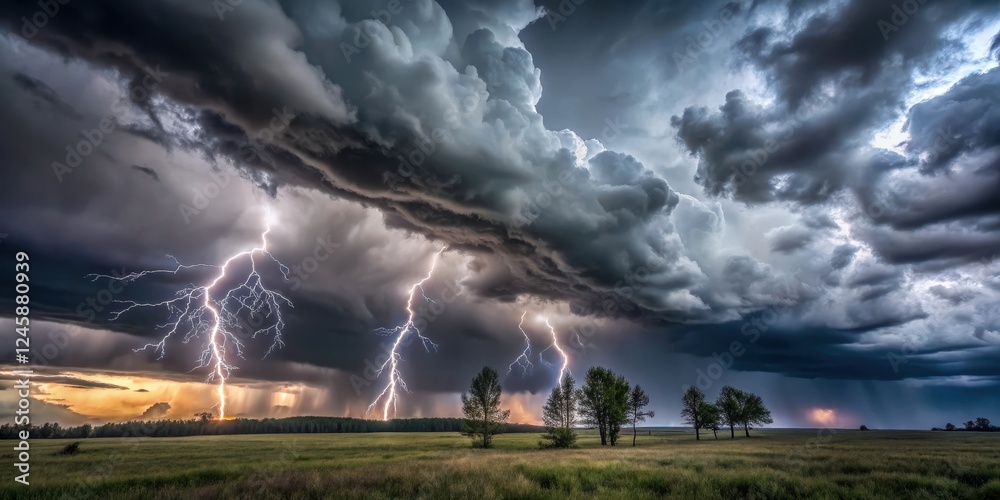 Wall mural dark grey clouds with lightning in the background of a vast landscape, with trees swaying in the win
