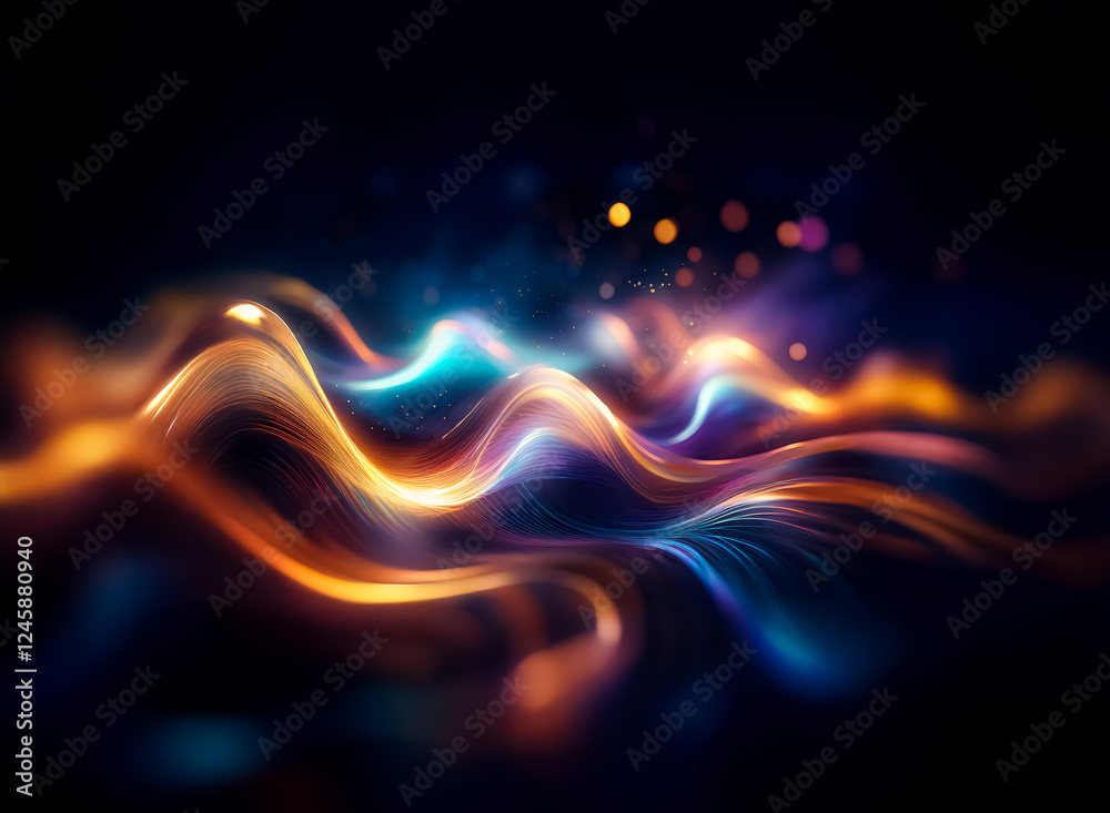 Fototapete Abstract golden waves elegantly flow against a dark background. Bokeh lights create a dynamic and fluid motion, illuminating the smooth and glowing design.