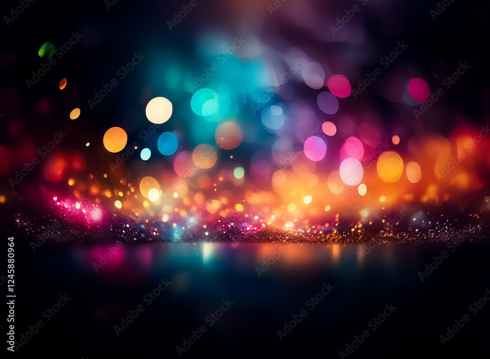 Poster Abstract image featuring a vibrant display of colorful, blurry bokeh lights against a dark background, creating a festive and dreamy atmosphere with a subtle reflection.