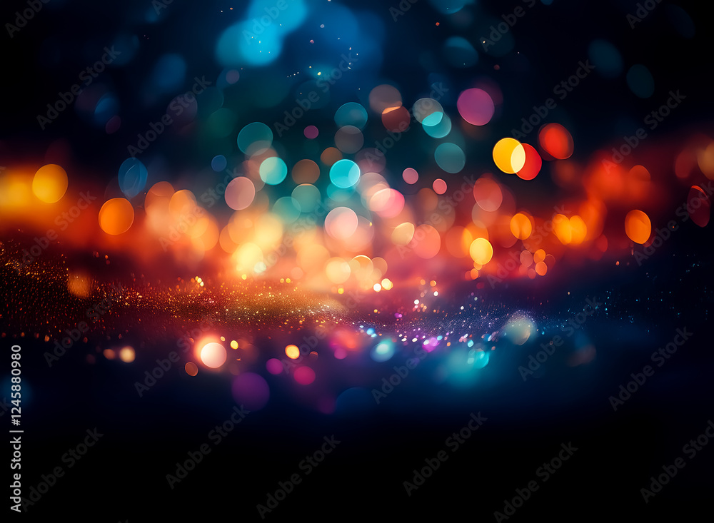 Poster a vibrant display of defocused lights creates a bokeh effect against a dark background. orange, blue