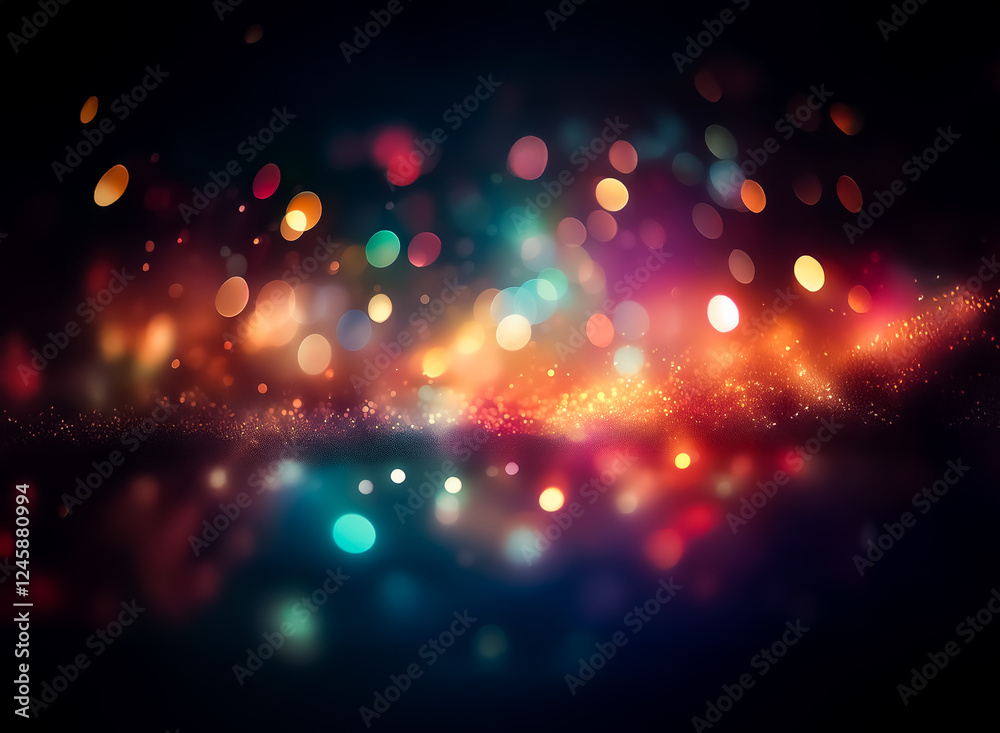 Poster Abstract bokeh lights create a vibrant and festive atmosphere against a dark backdrop, with colorful orbs glowing and reflecting, suggesting celebration and illumination.