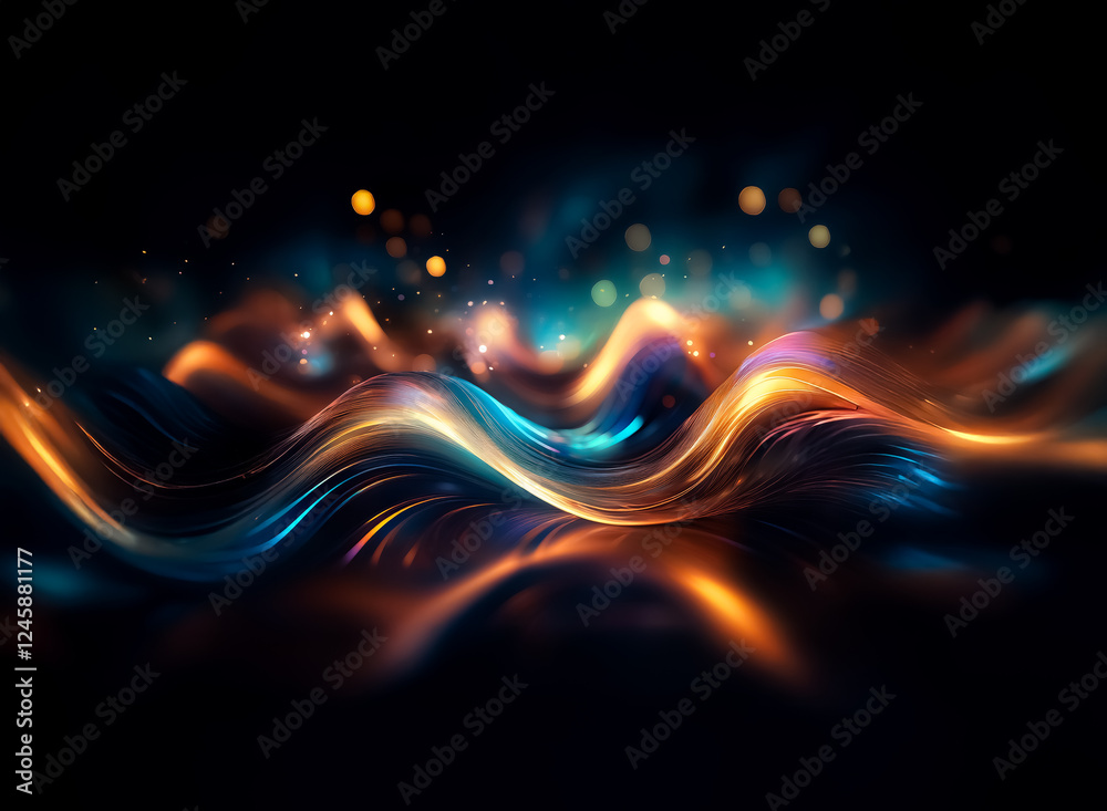 Poster abstract image of flowing, vibrant lines of color on a dark backdrop. wavy and bright, the lines cre