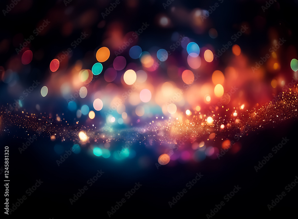 Poster colorful bokeh lights create a vibrant festive atmosphere on a dark backdrop. blurry circles of ligh