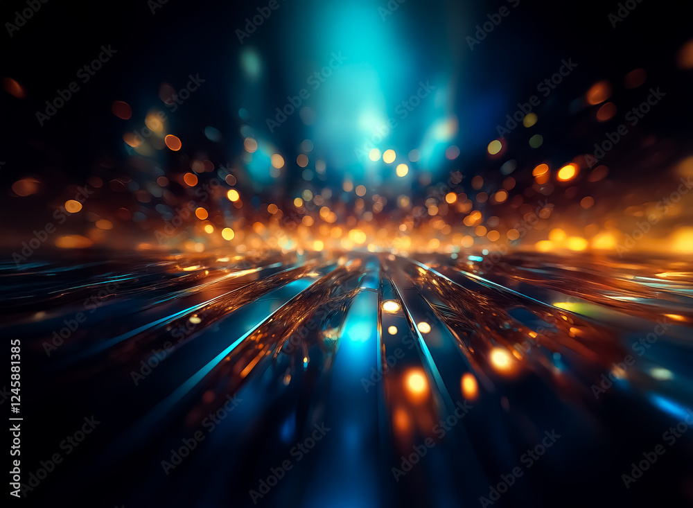 Aufkleber dynamic abstract perspective with bokeh lights in blue and orange on a dark surface, evoking a futur