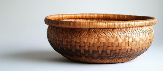 Fototapeta premium Woven bamboo basket for storing sticky rice against a minimalist white background
