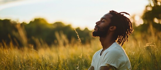Young man with dreadlocks meditating in a grassy field during sunset with soft sunlight and greenery in the background Copy Space