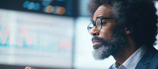 Business professional analyzing data charts with technology displays in an office environment Copy Space