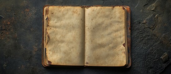 Aerial View of Open Vintage Notepad with Blank Pages for Text or Notes on Rustic Background