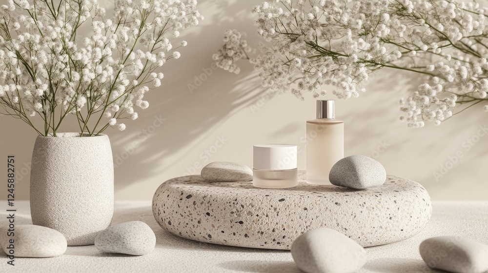 Poster a soft, neutral background of polka dot pebbles and rocks, with a pedestal in front for showcasing c