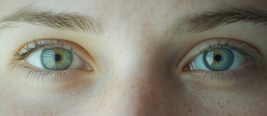 Naklejka premium Close-up of a person's eyes showing heterochromia with green and blue irises on a neutral background Copy Space