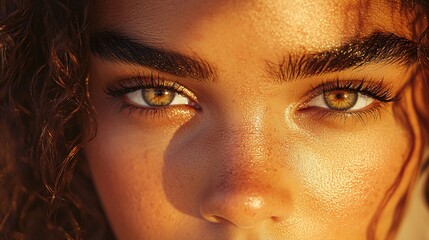 Fototapeta premium Emotional Close-up Portrait of Young Woman with Detailed Lashes and Brows in Warm Studio Lighting