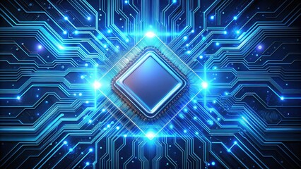 Fototapeta premium A glowing, metallic microchip emits a soft blue light as it pulsates with magical energy, surrounded by swirling circuits and wires , futuristic tech, neon circuitry