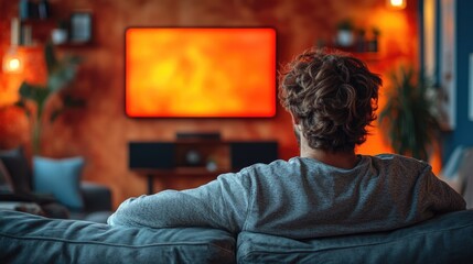Cozy living room scene with a man watching television in the evening with orange wall and ambient lighting Copy Space