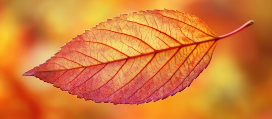Obraz premium Vibrant close-up of a single autumn leaf showcasing intricate veins and warm hues against a blurred fall background.