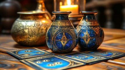 Elegant Antique Vases and Mystical Cards on a Wooden Table with Candlelight