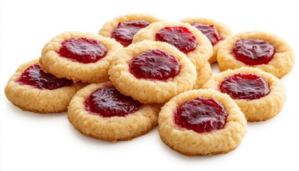 Assorted Jam-Filled Cookies on White Background - A Delicious Collection of Freshly Baked Treats Perfect for Culinary Blogs, Recipe Books, and Food Advertisements.