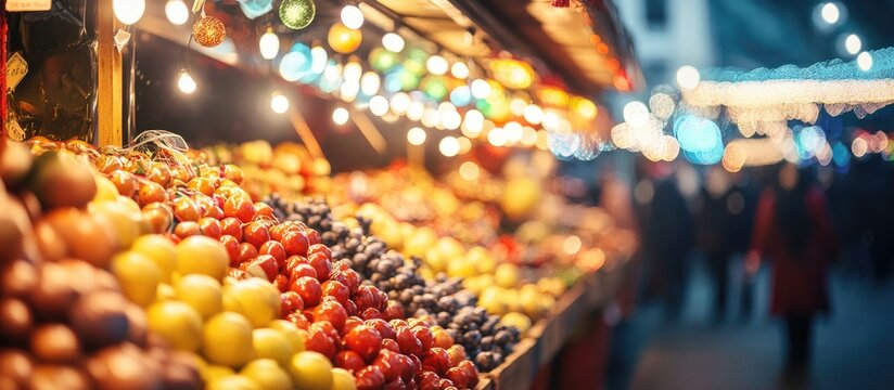 Colorful fruit market scene with blurred background and decorative lights, featuring various fruits in a vibrant display, Copy Space.