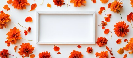 Autumn flat lay composition featuring a white photo frame surrounded by vibrant orange flowers and petals on a clean white background