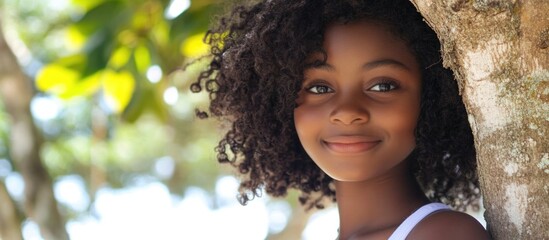 Smiling African teenage girl with curly hair beside a tree in natural setting with ample space for text overlay and creative designs