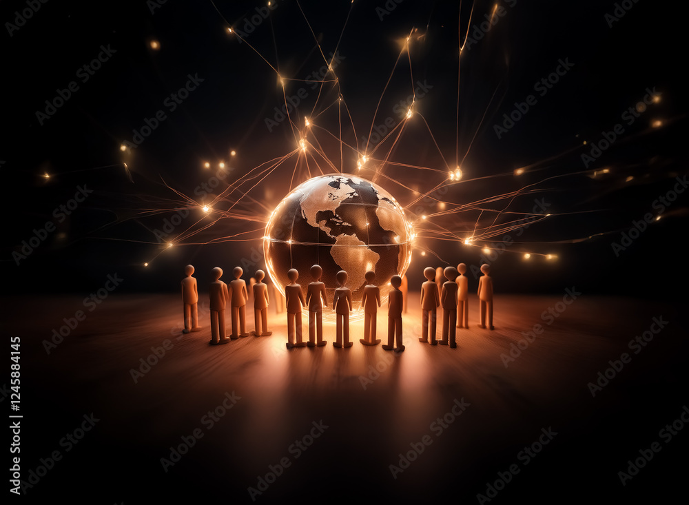 Aufkleber Figures in circle around glowing globe with interconnected lines. Dark background with spotlight effect.