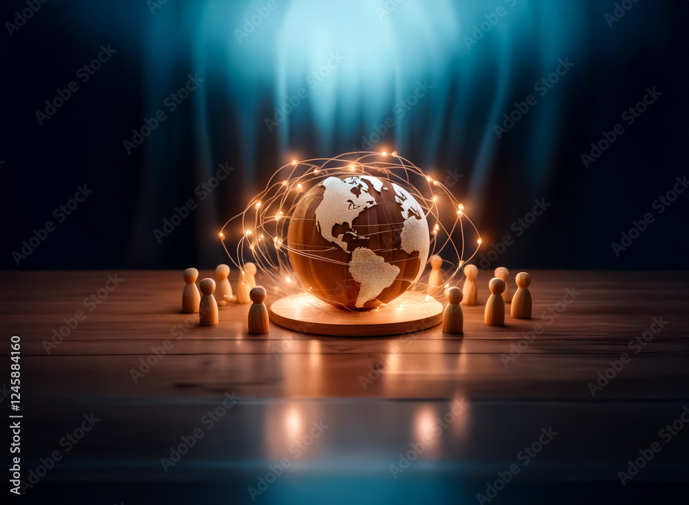 Aufkleber wooden globe encircled by figures on a table, illuminated by soft lights, symbolizing global connect