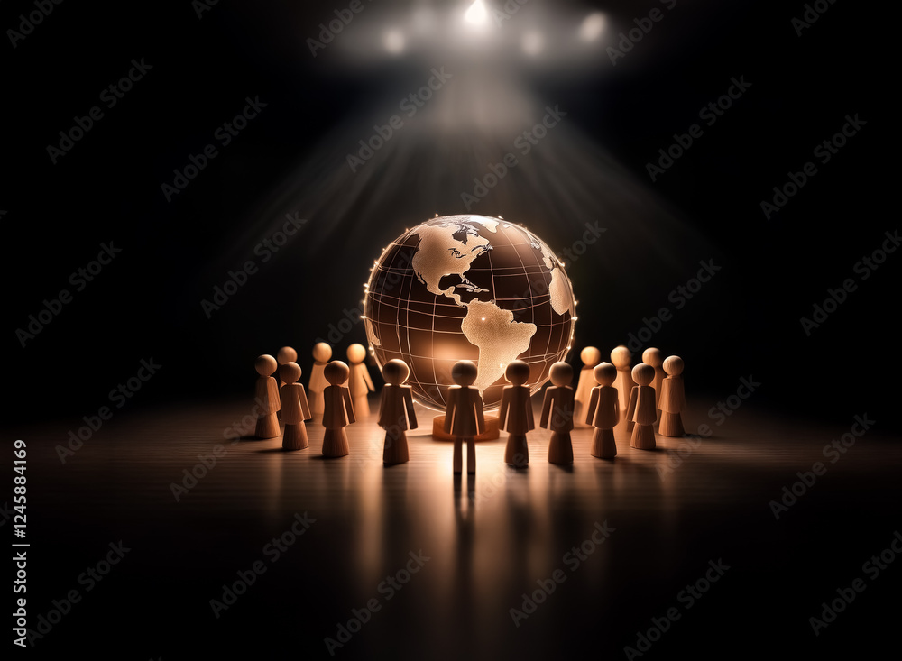 Poster A group of silhouetted figures stands in a circle around a glowing globe. A spotlight shines down illuminating the world and figures on a dark stage-like surface.