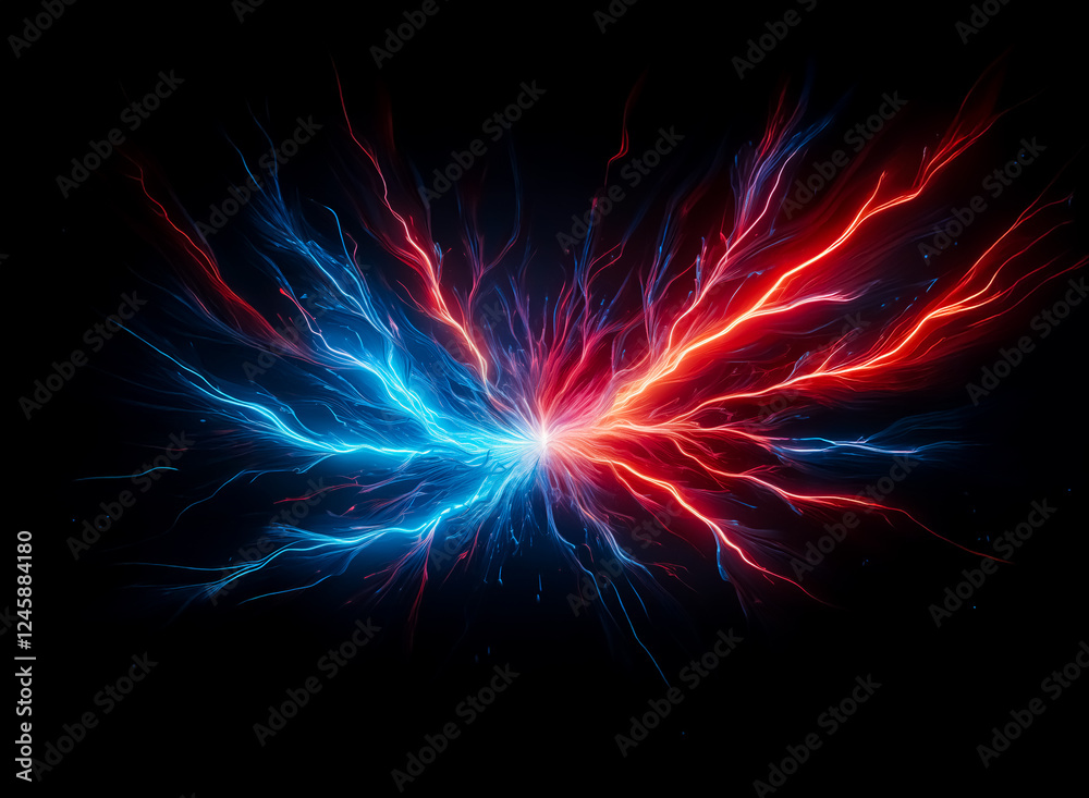Poster vibrant red and blue lightning bolts collide against a stark black background, creating an energetic