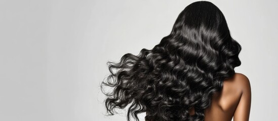 Long flowing black hair with curls against a neutral background showcasing movement and texture, Copy Space available