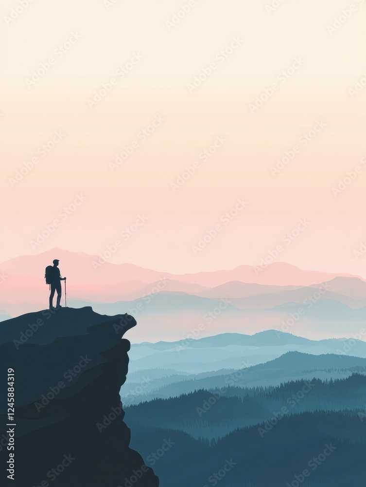 Poster silhouette of hiker with backpack standing on mountain ridge against a serene backdrop at dusk. gene