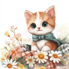 A cute orange and white kitten is sitting on a bed of flowers. The flowers are yellow and white, and the kitten is surrounded by them. The image has a warm and playful mood