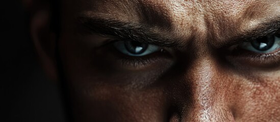 Intense close-up portrait of a troubled man's face with piercing eyes and dramatic lighting, featuring space for text overlay.