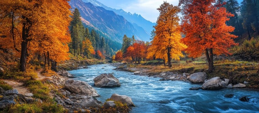 Autumn forest landscape in Chitkul Sangla Valley showcasing vibrant foliage and serene river in the Himalayas, Himachal Pradesh, India.