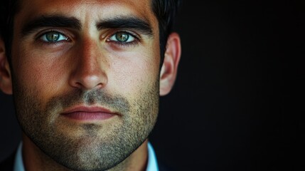 Obraz premium Ambitious businessman with striking green eyes looking confidently at the camera with space for text placement in dark background