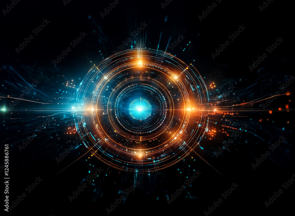 Poster Glowing circular tech design with vibrant blue and orange lights against a dark backdrop.  Abstract futuristic element with radiating energy and intricate digital details.
