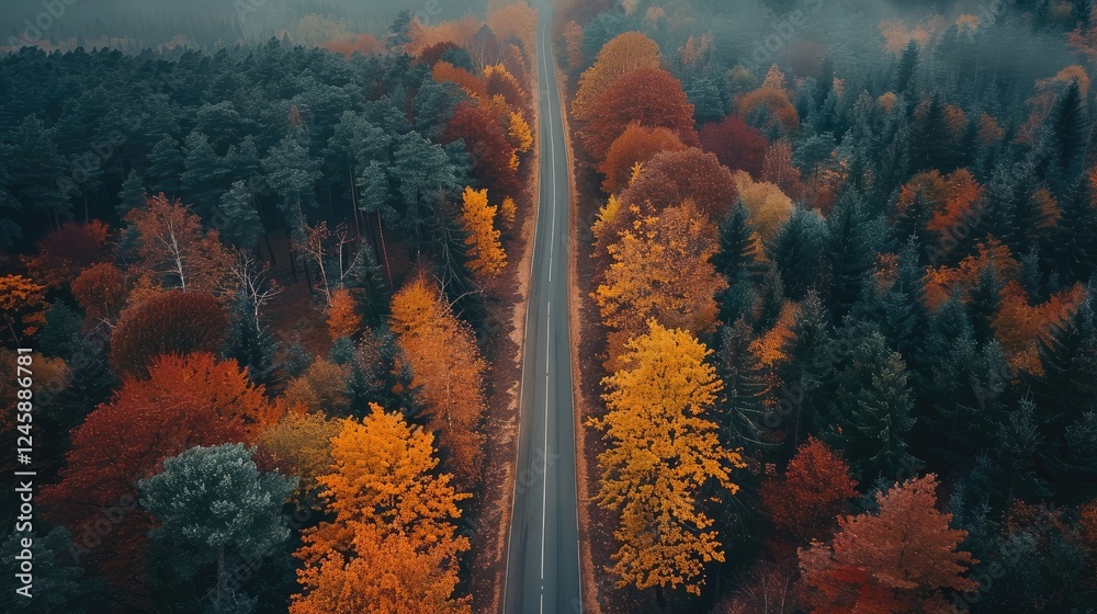 Poster aerial view of the colorful autumn forest, beautiful fall colors in the trees and pines. road, a vib