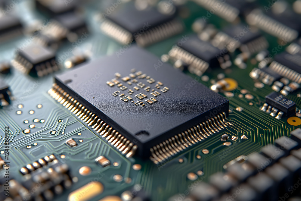 Poster High-Tech Microchip on Motherboard: Close-up 3D Render of a Powerful Computer Processor, Illustrating Advanced Technology and Innovation in Computing.