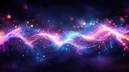 Abstract energy wave, cosmic flow, vibrant particles, dark background, for science visuals
