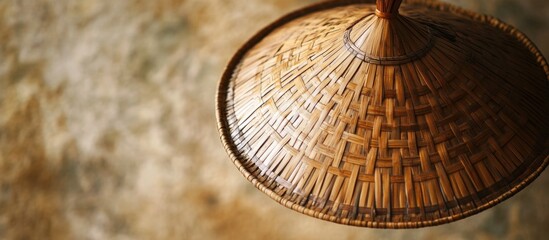 Naklejka premium Bamboo woven hat of Chinese merchants displayed on wall creating a unique textured background for artistic designs and patterns.
