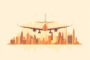An airplane soaring above a bustling city skyline, with towering skyscrapers and clear skies in the background