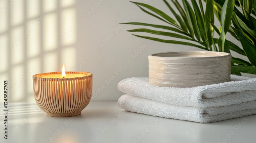 Poster a serene spa setting featuring a flickering candle, plush white towels stacked neatly, and a smooth 