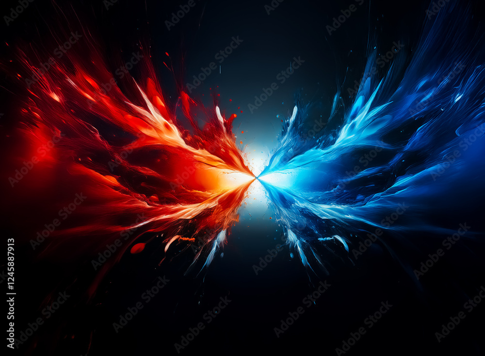 Poster vibrant burst of red and blue energy radiates from a central point, creating a dynamic abstract desi