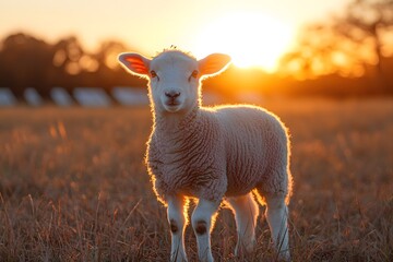 Fototapeta premium Young Lamb at Sunrise in Tranquil Pasture for Springtime Designs or Easter Themes