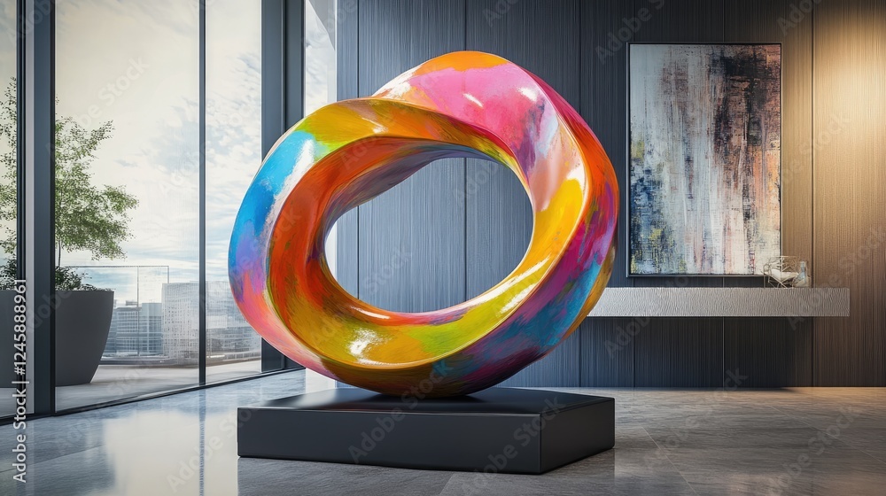Poster A striking abstract sculpture in vivid hues, forming an infinite loop, creating an artistic and modern display in a contemporary setting with bold visual appeal.