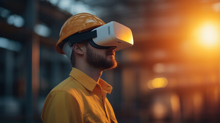 Immersive virtual reality experience with man wearing helmet in construction site.
