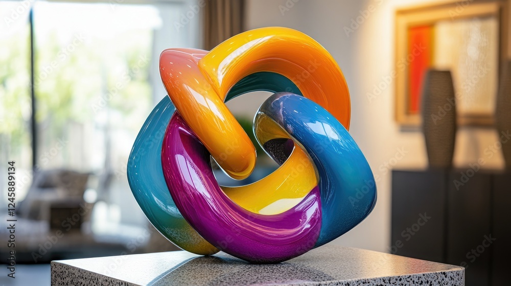 Aufkleber A striking abstract sculpture in vivid hues, forming an infinite loop, creating an artistic and modern display in a contemporary setting with bold visual appeal.