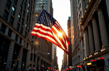 Naklejka premium US flag in downtown against the backdrop of buildings in America.