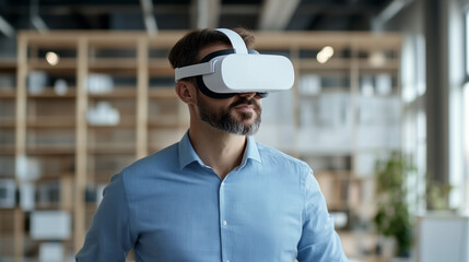 man wearing virtual reality headset in modern office setting, exploring immersive technology.