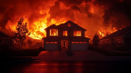 Flames engulf an urban neighborhood as a fierce wildfire rages on, highlighting the urgent need for fire safety and community resilience
